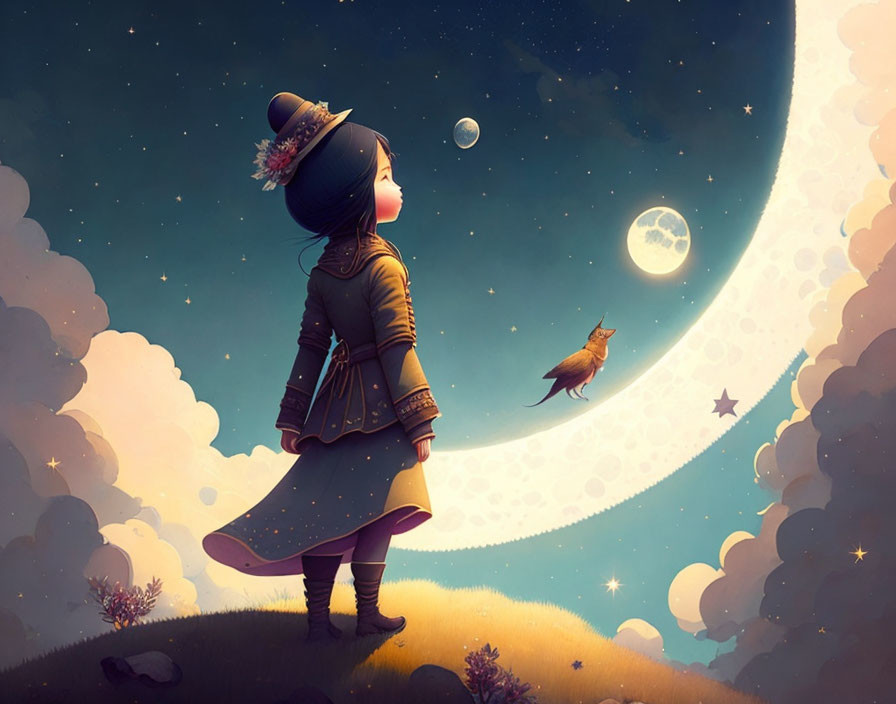 Illustration of girl with cat on grassy hill under starry sky