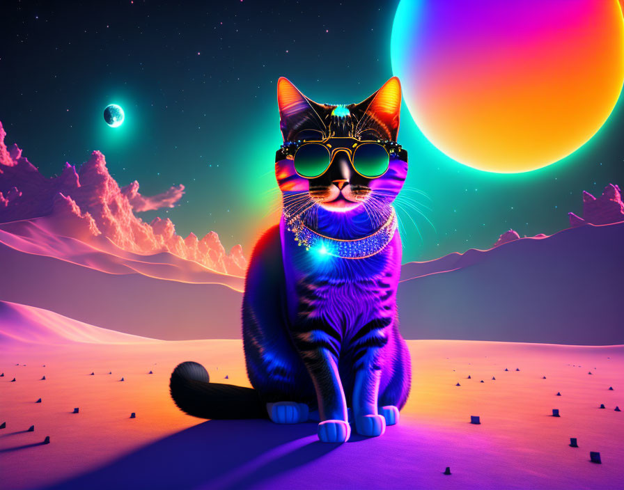 Stylized cat with sunglasses under vibrant sky and sun.