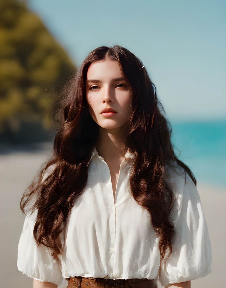 Young woman with long wavy hair on beach with serene expression