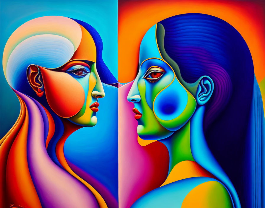 Colorful stylized female faces: Vibrant profile art with bold lines