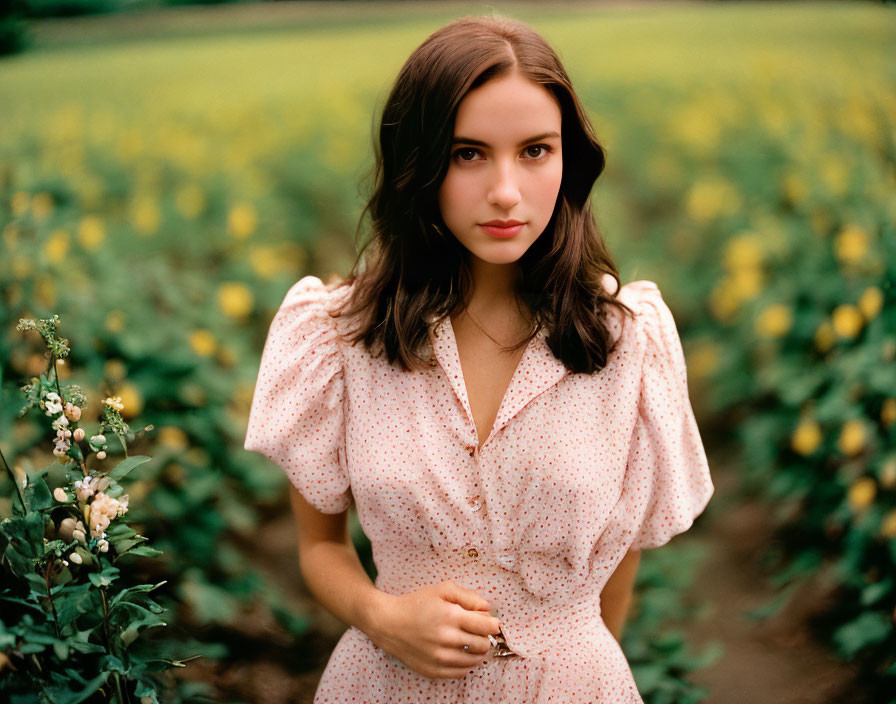 Woman in Polka Dot Dress Surrounded by Yellow Flowers and Greenery