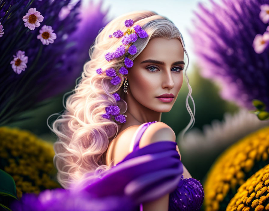 Blonde woman with purple flowers in hair and dress among yellow and purple flora