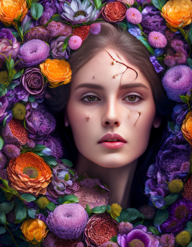 Woman's Face Surrounded by Multicolored Flowers