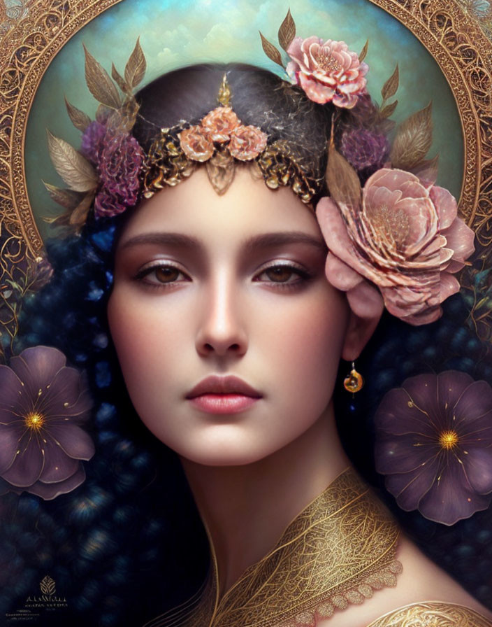 Woman with Dark Hair in Golden Headpiece and Clothing Against Floral Background