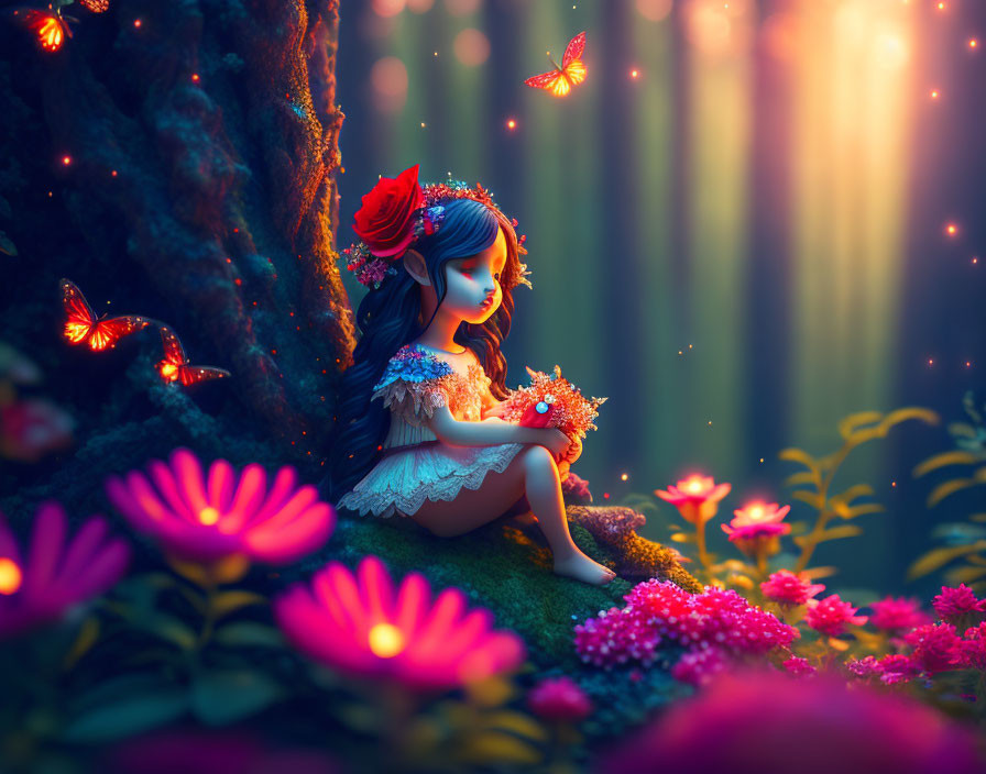 Young girl with flower crown in magical forest with flowers and butterflies