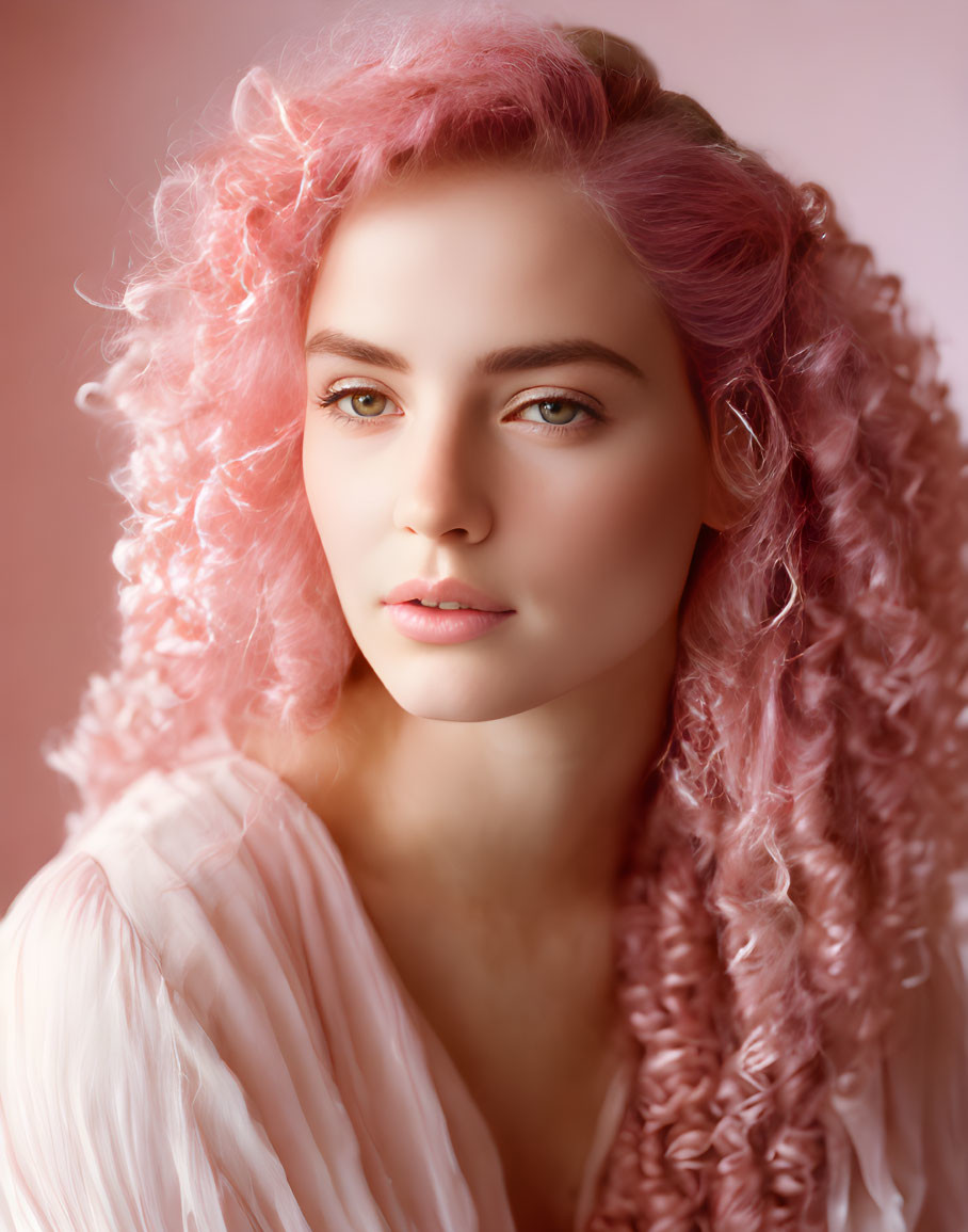 Young woman with pink curly hair and green eyes in soft pink blouse on pink backdrop