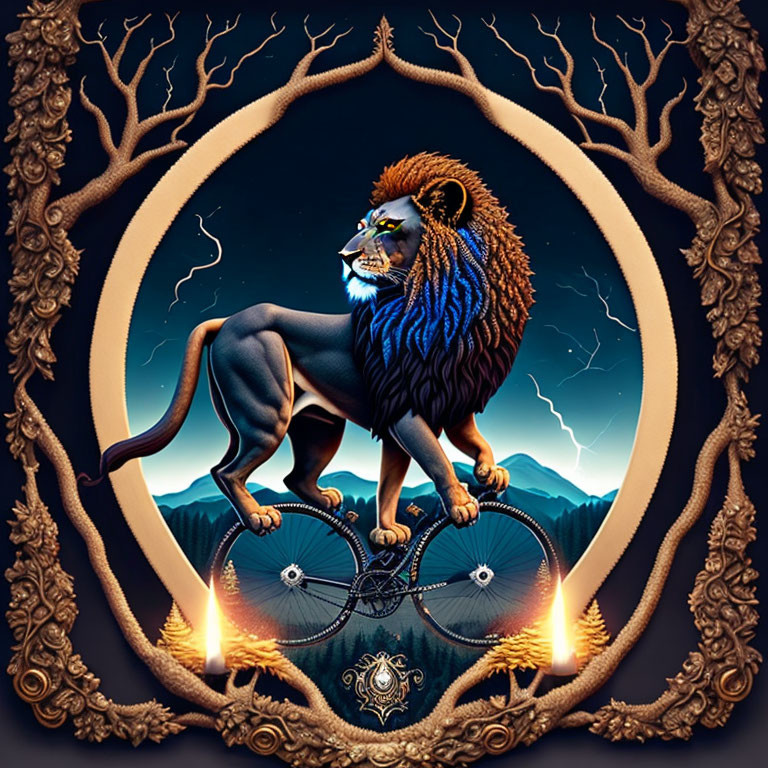 Majestic lion with flowing mane on circular emblem against mountain backdrop