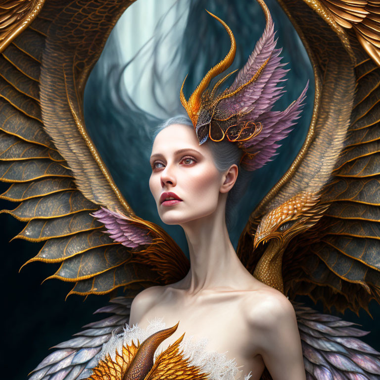 Pale-skinned woman with golden bird feather headdress and majestic wings on blue background.