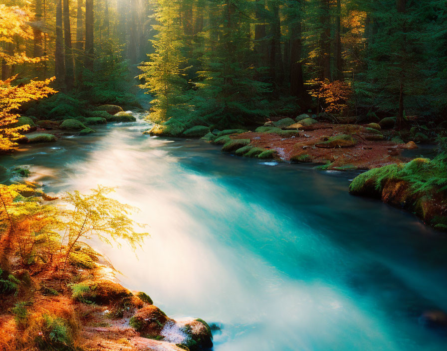 Tranquil river in lush forest with autumn foliage