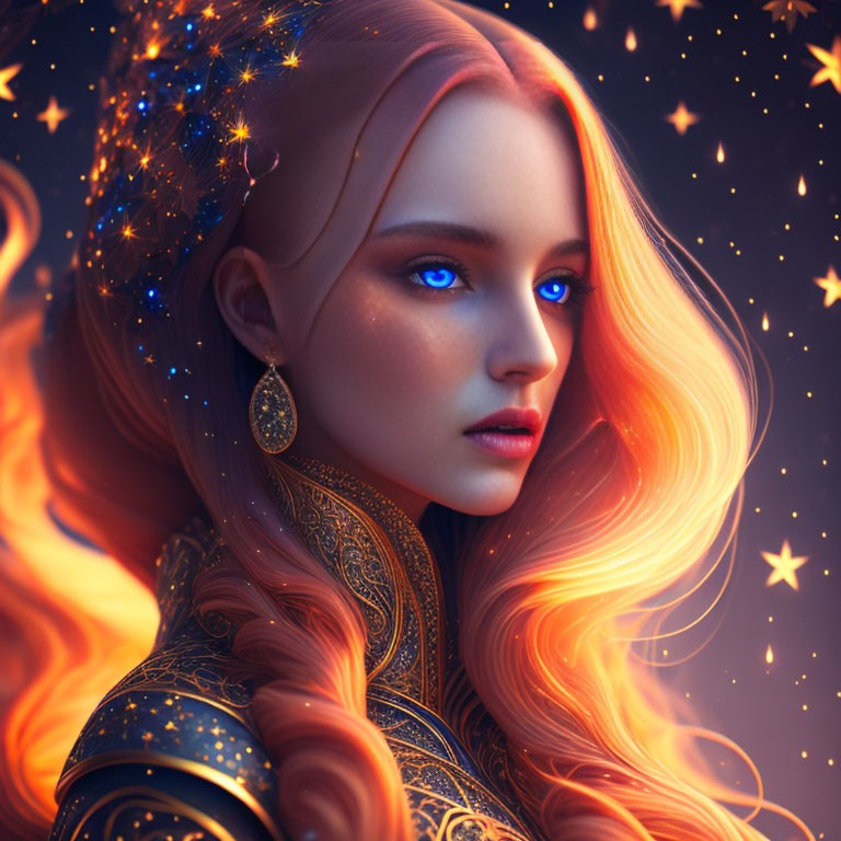 Portrait of woman with blue eyes, golden hair, celestial attire, and stars backdrop