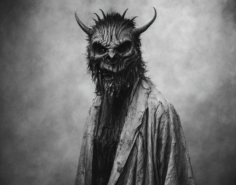 Monochrome image of person in frightening beast costume with horns, fur, and sharp teeth against misty