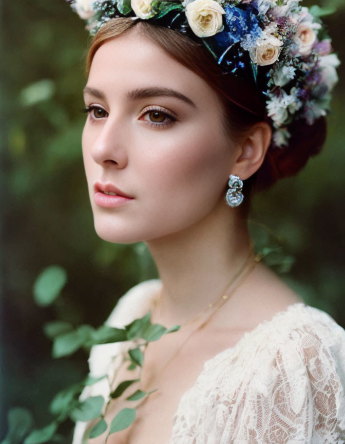 Woman with floral wreath, lace dress, earring, and foliage.