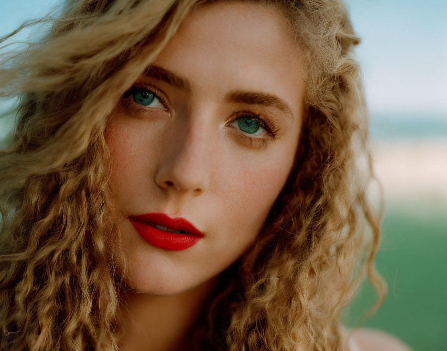 Blonde woman with green eyes and red lipstick in soft background