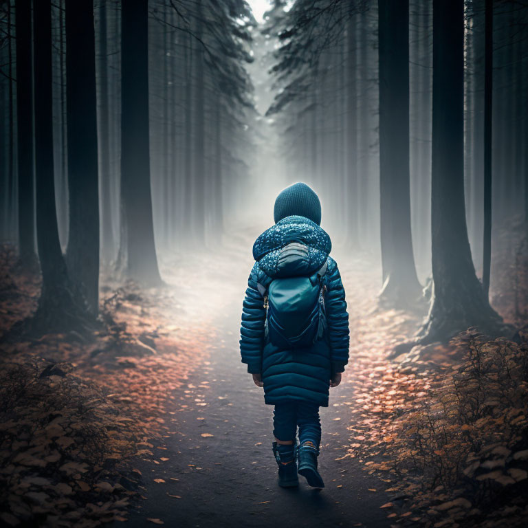 Person in blue jacket and beanie on foggy forest path with autumn leaves