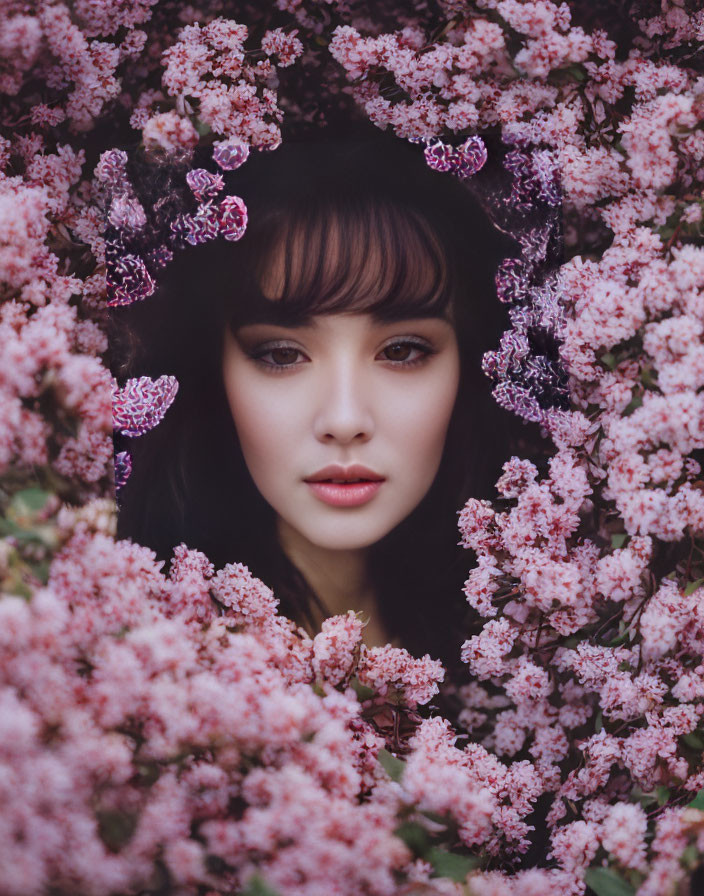 Woman's face framed by pink blossoms exudes serene aura