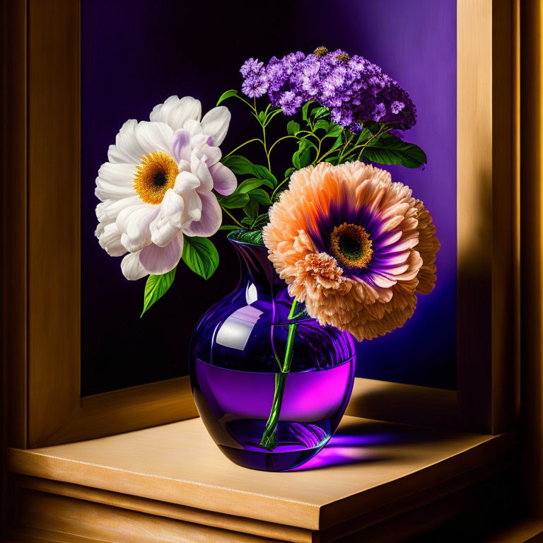 Colorful Still Life: Purple Glass Vase, White & Orange Flowers