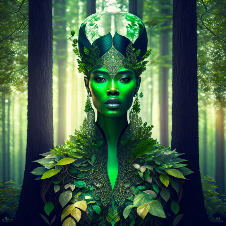 Green-skinned figure with leafy headdress under moon in mystical forest