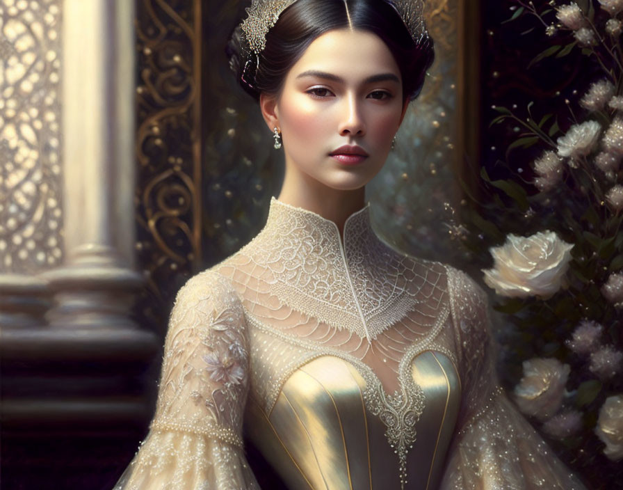 Victorian-style gown digital art: woman in lace gown with tiara, surrounded by flowers and orn