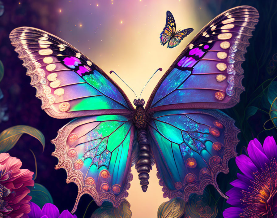 Colorful Butterfly Illustration with Iridescent Wings on Mystical Background