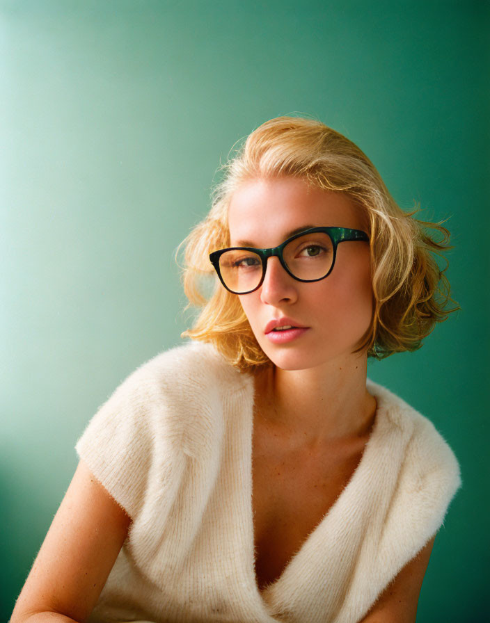 Blonde woman in glasses and white top on green background