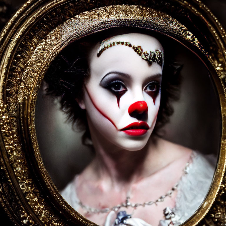 Clown makeup portrait in ornate gold mirror