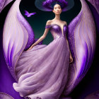 Fantasy figure with butterfly wings in lavender dress on starry backdrop