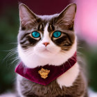 Blue-eyed cat in burgundy bow tie on pink-purple background