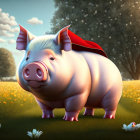 Cartoon pig with red cape in sunny meadow with white flowers