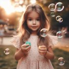 Young girl in pink dress captivated by floating soap bubbles in sunlit park