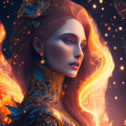 Portrait of woman with blue eyes, golden hair, celestial attire, and stars backdrop