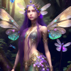 Fantastical figure with purple hair and butterfly wings in enchanted forest