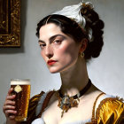 Historical woman with beer stein and portrait in background