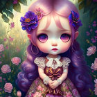 Wide-eyed young girl with floral hair in vibrant botanical scene