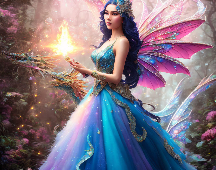 Mystical fairy with iridescent wings in blue gown holding glowing orb in magical forest