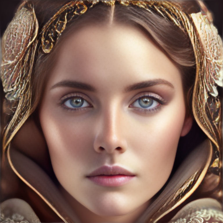 Woman with Striking Blue Eyes in Golden Headdress and Luxurious Brown Cloak