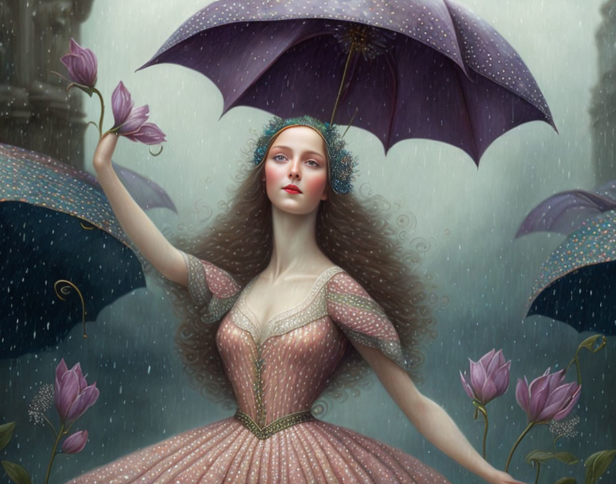 Digital artwork: Woman with umbrella in falling leaves scene