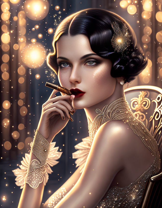 Illustrated 1920s woman in golden dress with cigarette holder against shimmering lights