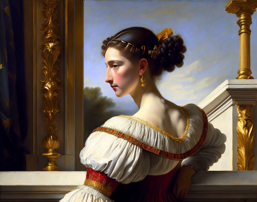 Historical dress portrait of a woman with gold accents against architectural backdrop