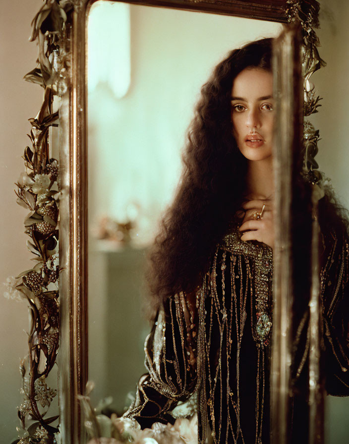 Curly-haired woman in beaded dress gazes at flower-adorned mirror