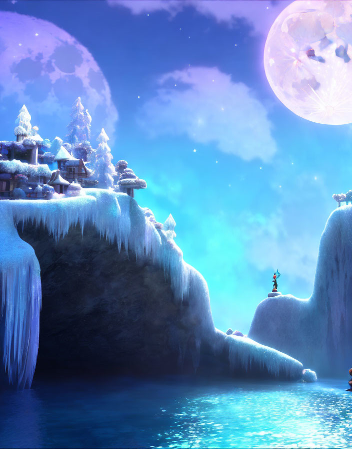 Snow-covered village on cliffs under two moons in starry sky