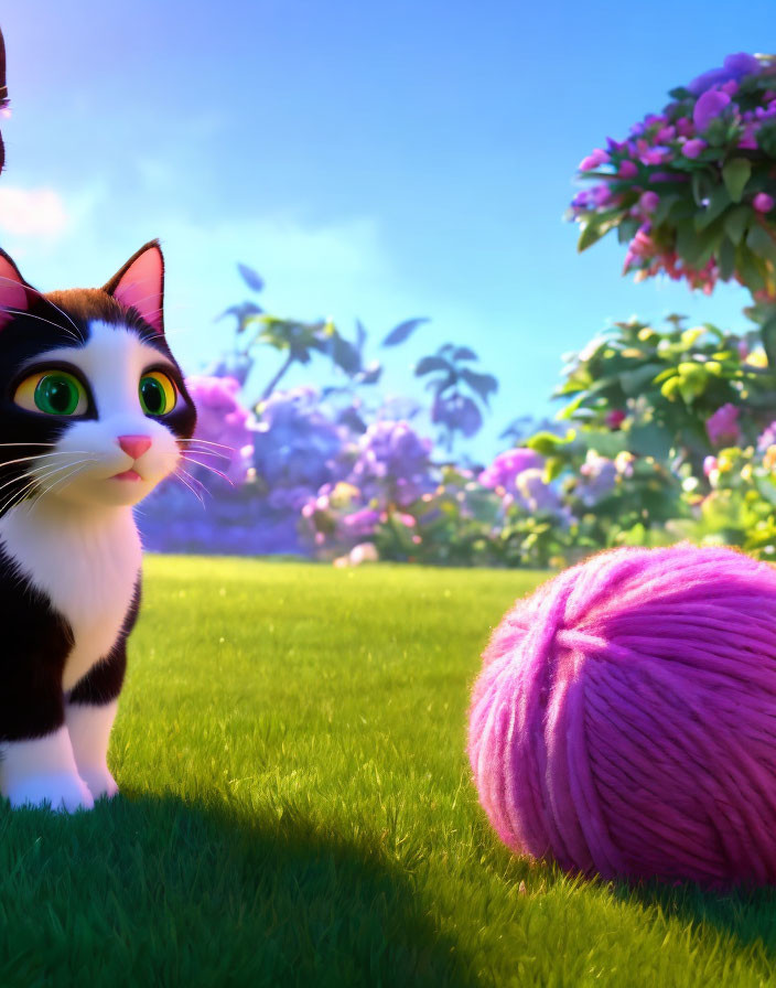 Monochrome animated cat with green eyes in colorful garden