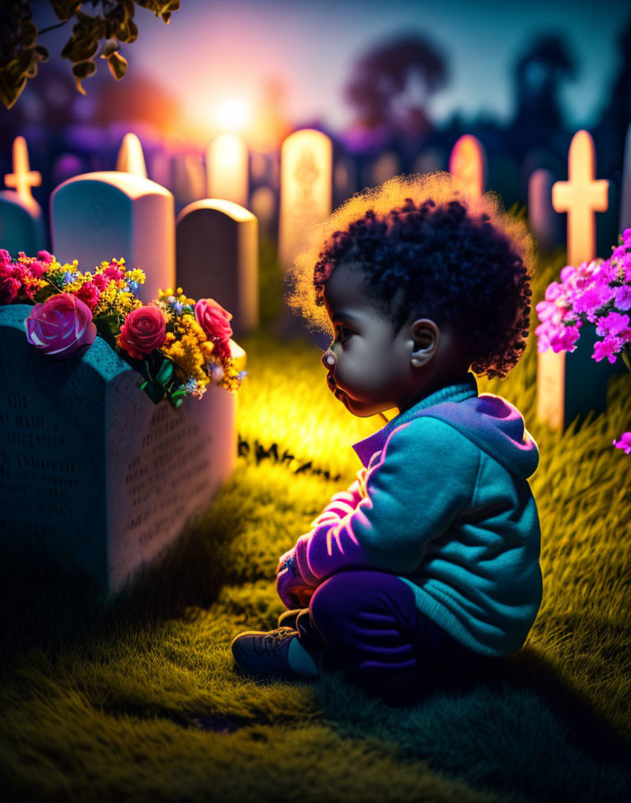 Child by flower-adorned gravestone at dusk in a cemetery