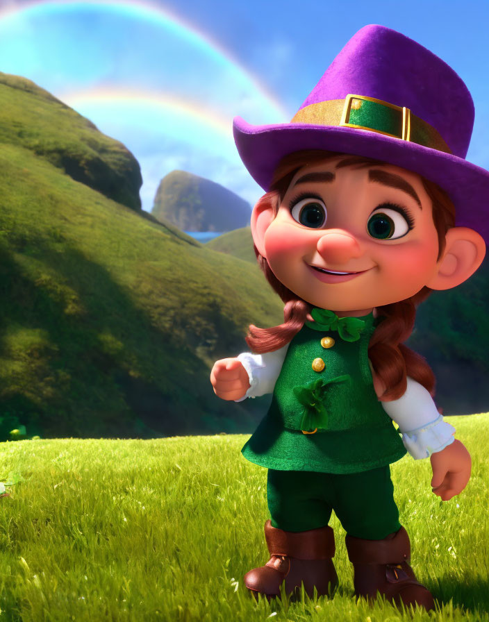 Colorful animated leprechaun in green outfit on lush field with rainbow