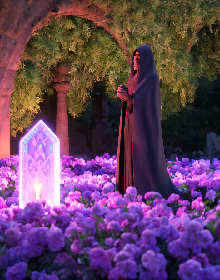 Hooded figure in twilight with crystal structure and purple flowers