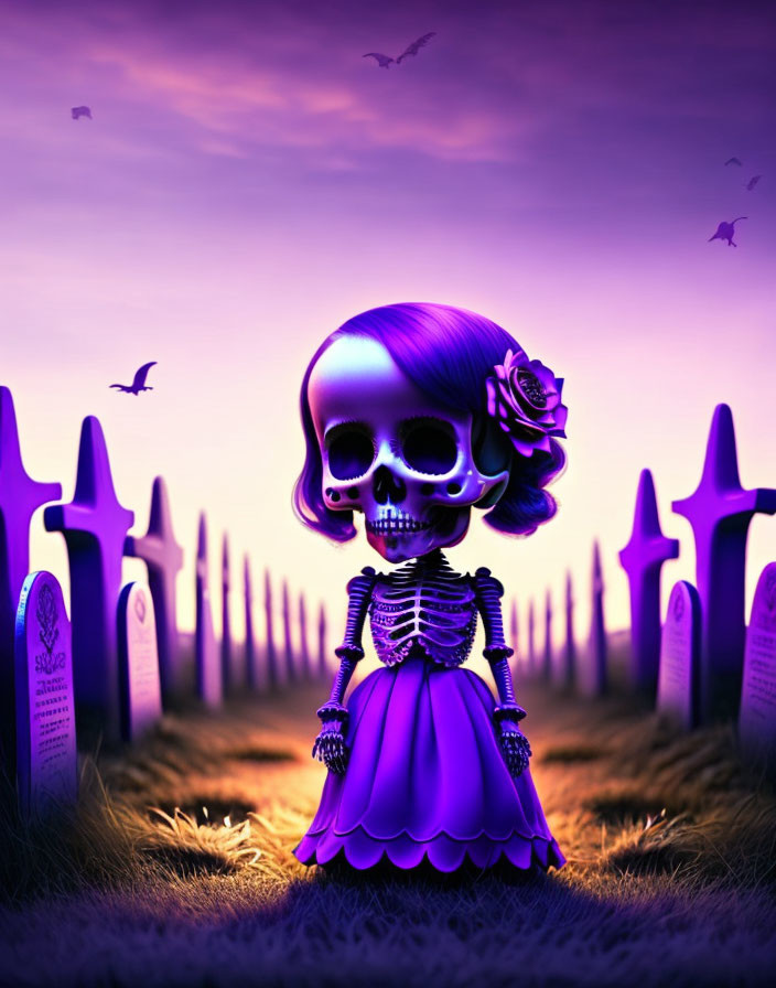 Stylized skeleton in purple dress with rose, in cemetery at dusk