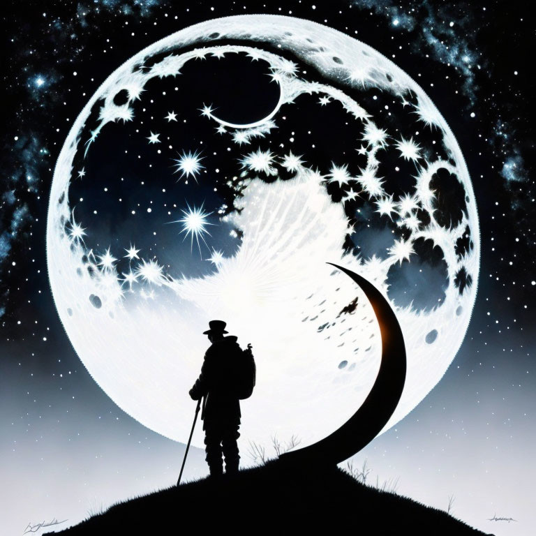 Silhouette of lone traveler on crescent moon with stars