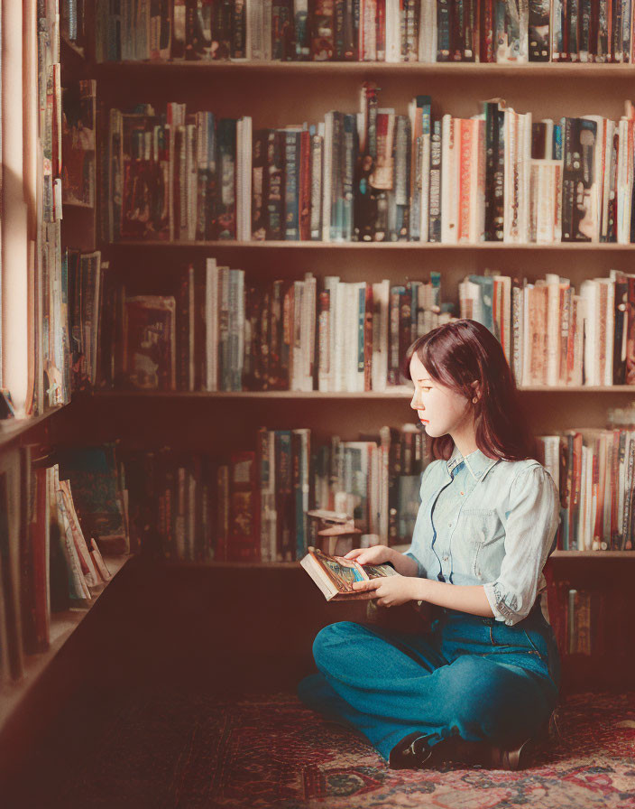 Person in denim shirt and jeans reading book in sunlit room with bookshelves