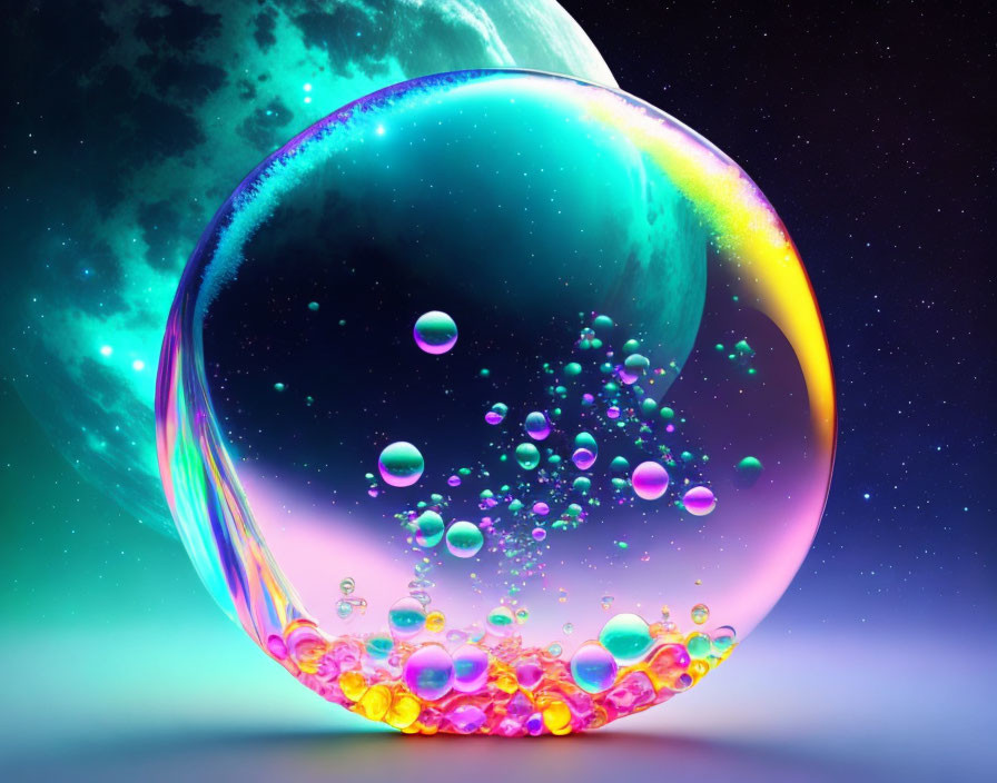 Iridescent soap bubble with smaller bubbles in space against turquoise nebula