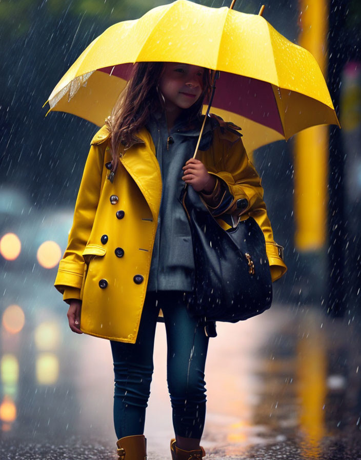 Child in yellow raincoat with umbrella in city rain.