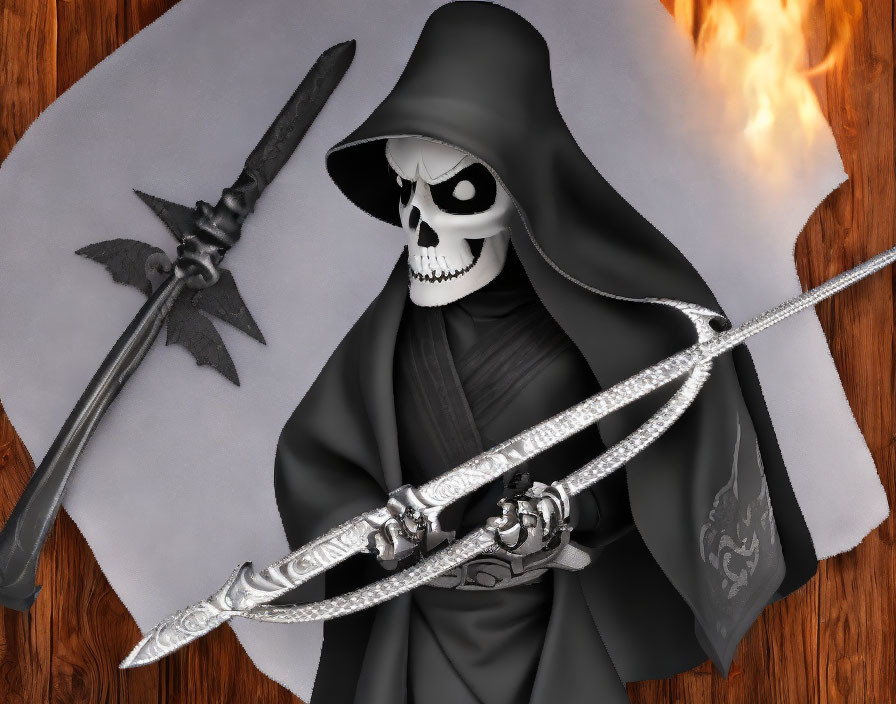 Menacing skeletal figure with scythe in hooded cloak on parchment backdrop